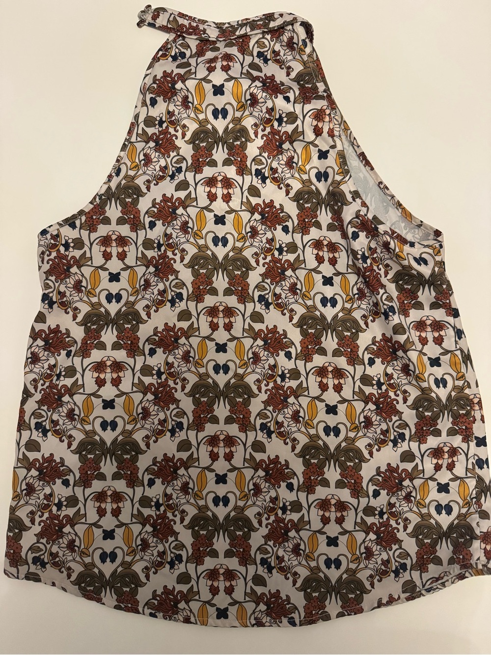 Sleeveless Floral Halter Top - White with Brown & Mustard Print
